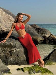 Novedad Conjunto de bikini liso - Set de 3 piezas con diseño de estrellas de mar y maxifalda de malla transparente. - amarillo brillante - Ver 10