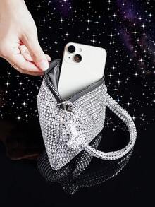 Sparkling Crystal Decorated Small Square Handbag, Elegant Lady Tote Bag For Evening Party, Daily Date, Suitable For Occasions - Silver - View 8