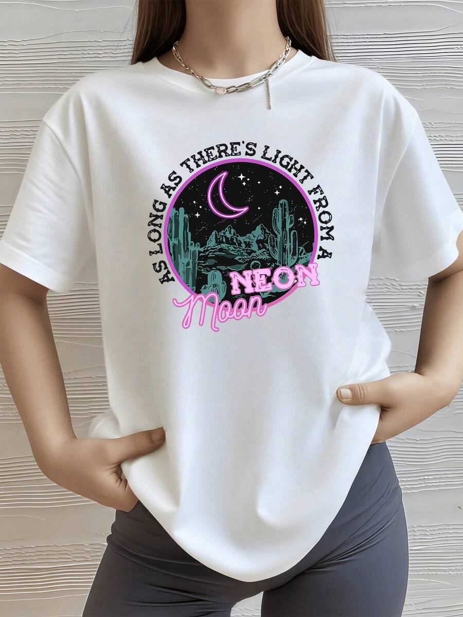 Night Scene With A Star-Filled Sky, A Desert Landscape With Cacti, And A Bright Neon Moon That Conveys Calm And Deep Dreams; A Comfortable And Modern Casual Women's T-Shirt - 白色 - 查看 1