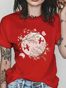 Camiseta de Verano Transpirable para Mujer Sakura - Camiseta Unisex de Algodón, Corte Holgado, Cómoda, Estilo Vintage Urbano, Adecuada para primavera, verano y otoño - Rojo - Ver 7