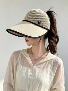 1pc Women's Solid Color Knitted Wide Brim Sun Hat, Breathable Mesh Top For Ventilation, Suitable For Outdoor Activities, Spring/Summer - A - View 5