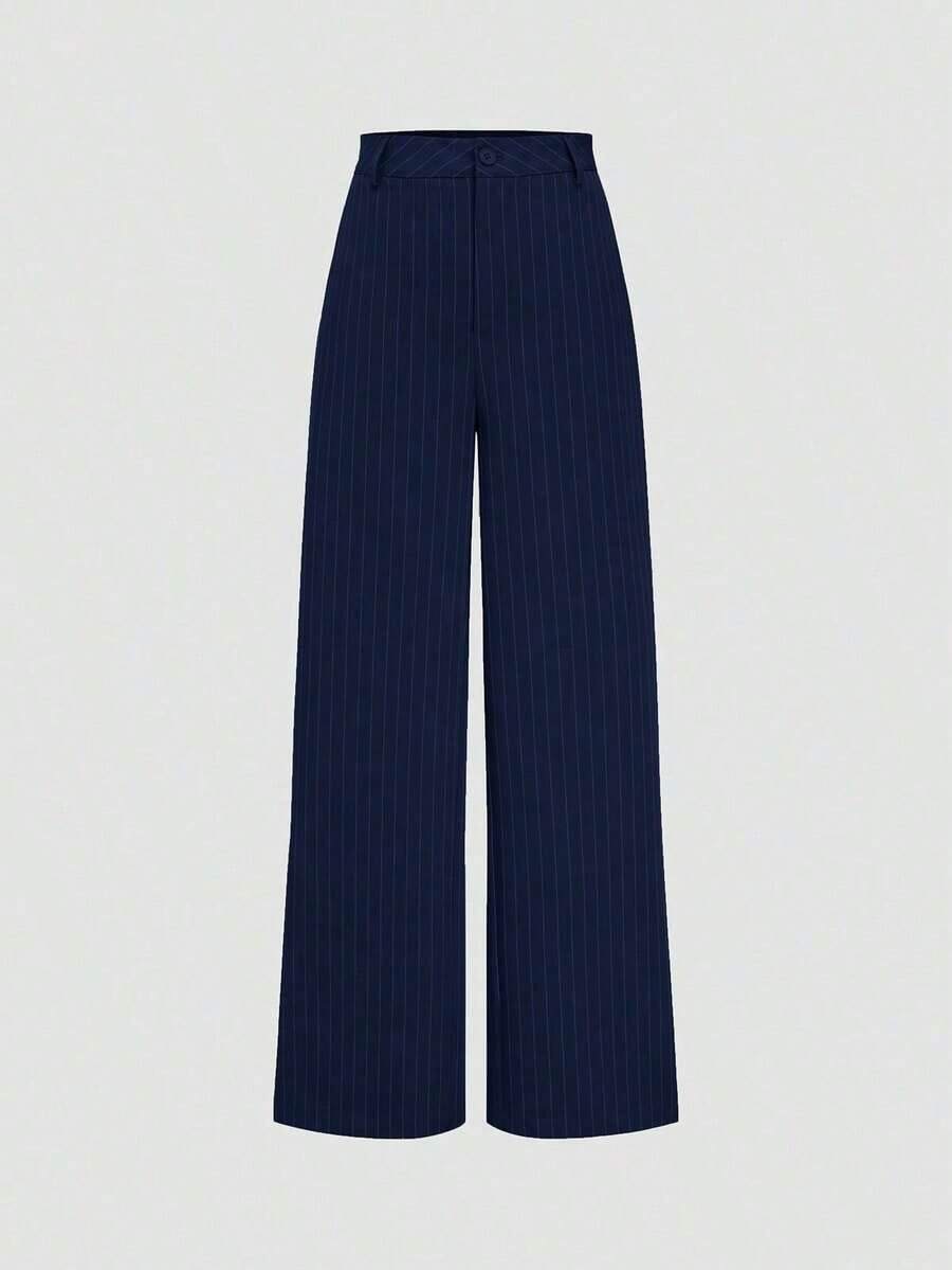 Pantalones rectos de cintura alta y pierna ancha con rayas, de moda casual para mujer en primavera - Azul marino - Ver 1