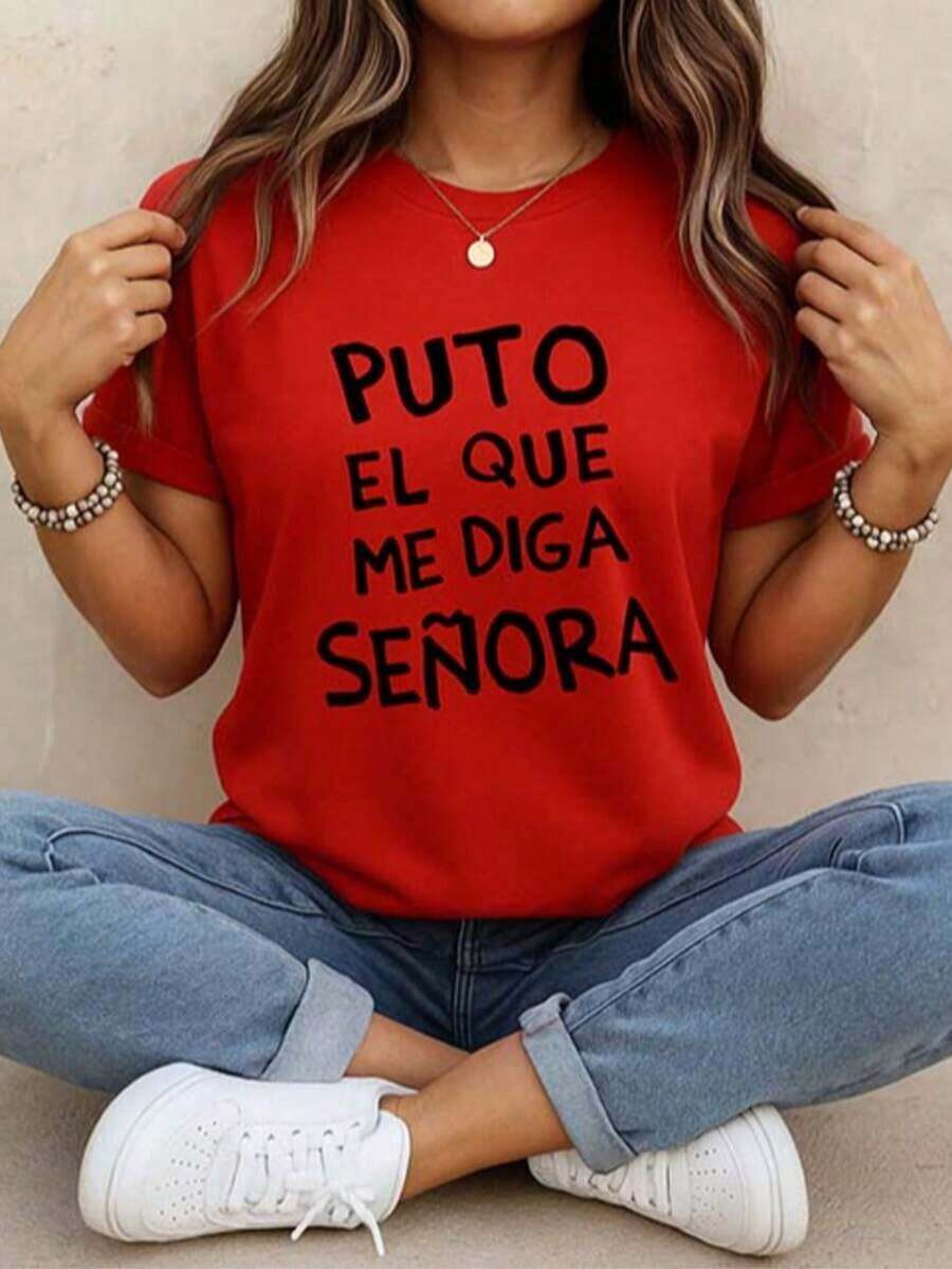 2026 Short-Sleeved T-Shirt With "CALL ME MA'AM" Print, Round Neck, Women's T-Shirts, Graphic Blouses For Women, Cool, 100% Cotton - 紅色的 - 查看 1