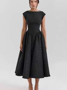 Vestido midi liso estilo francés 2026, cuello redondo sin mangas espalda descubierta moda - Negro - Ver 1