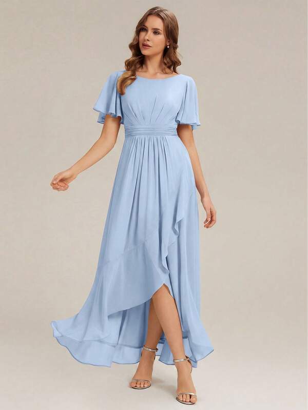 EVERPRETTY Elegant Soft Ruffle Hem High-Low Blue Chiffon Bridesmaid Dress Suitable For Summer Wedding Guest Dress Formal Evening Events Semi Formal