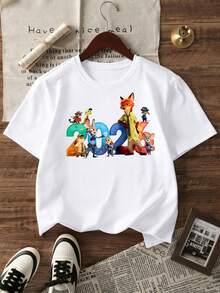 [Authorized] Zootopia 2026 Print Disney Boy's Summer Round Neck Casual T-Shirt, Slightly Stretchy Fabric, Suitable For Birthday Gifts, Perfect For Daily Activities, Sports, And Travel, Summer T-Shirts For Boys - trắng - Xem 2