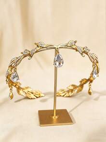 1 Peça Tiara de Luxo Inspirada na Natureza com Folha Dourada e Gota de Cristal, Minimalista e Versátil, Adequada para Madrinhas, Noivas, Sessões Fotográficas, Cosplay, Baile de Formatura - Dourado e branco - Visão 6