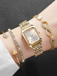 4pcs Elegant Luxury Women's Quartz Watch Set, Including Square Dial Women's Quartz Watch And Full Rhinestone Bracelet Accessory Set - Gold - View 5