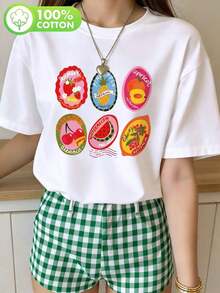 Women's Fruit Print Crew Neck T-Shirt - Soft Short Sleeve Casual Top With Inspirational "Fruit Of The Spirit" Design, Loose Fit Casual T-Shirt, Crew Neck, Short Sleeve, For Spring And Summer, Daily Wear, Loose And Comfortable. - 白色 - 查看 7