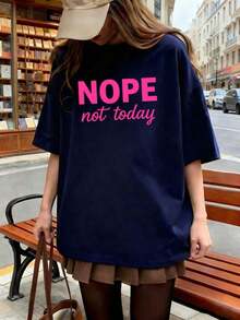 Camiseta de manga corta de mujer de ajuste holgado con cuello redondo y estampado de eslogan, nueva y casual para el verano, moda diaria y de vacaciones, adecuada para el día a día y las vacaciones - Azul marino - Ver 3