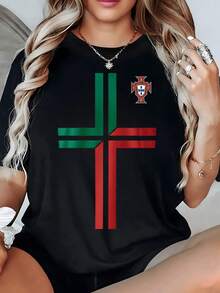 Cruz moderna en tonos verde y rojo que simboliza unión fuerza y orgullo nacional portugués destacando un espíritu apasionado y valiente camiseta de mujer casual cómoda para uso diario - Negro - Ver 8