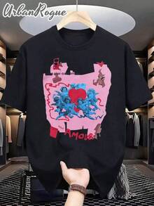 Camiseta para Hombre Casual y Moderna con Estampado de Amor y Ángeles en Rosa y Azul |   Ropa de Hombre con Estilo Playeras Sudaderas y Camisas Cómodas |   Ideal para Uso Diario Trabajo y Salidas |   Fácil de combinar muestra tu estilo - Negro - Ver 6