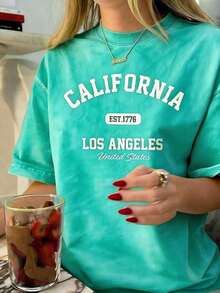 Women's Vintage Graphic T-Shirt With California Los Angeles Design - Casual Crew Neck, Short Sleeve, Cotton, Machine Washable, EST 1776 Print2025 - 薄荷綠 - 查看 3