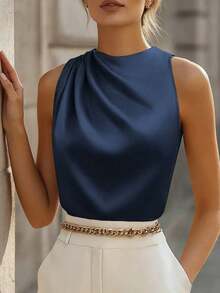 Blusa formal elegante de mujer sin mangas con hombros descubiertos y ajustada, con volante asimétrico, color champán, adecuada para uso diario, primavera/verano - Azul - Ver 3