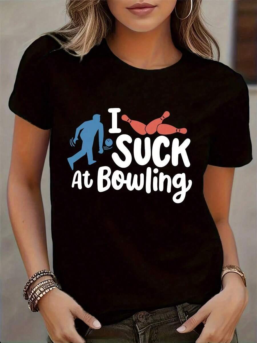 Women's Short-Sleeved T-Shirt. A One-Piece Short-Sleeved T-Shirt With A Round Neck, Perfect For Summer And Spring, Featuring A Bowling Print. Summer Tops, Printed T-Shirts For Women, Beachwear Sets For Women - 黑色 - 查看 1