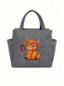Dual Pocket Insulated Lunch Bag, Butterfly And Highland Cow Pattern Lunch Box Bag, Student Lunch Insulated Fresh-Keeping Bag, Super Cute Cow And Butterfly Big Eyes Pattern, Portable Picnic Bag, Insulated Lunch Bag, Public Lunch Bag - Multicolor - View 16