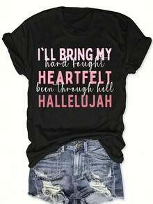 Plus Size - Plus Size - Plus Size ILL BRING MY Hard Bought HEARTFELT Been Through Hell HALLELUJAH Text Church Gatherings Daily Wear Round-Neck Pullover Comfortable And Soft Women'S T-Shirt - 黑色 - 查看 1