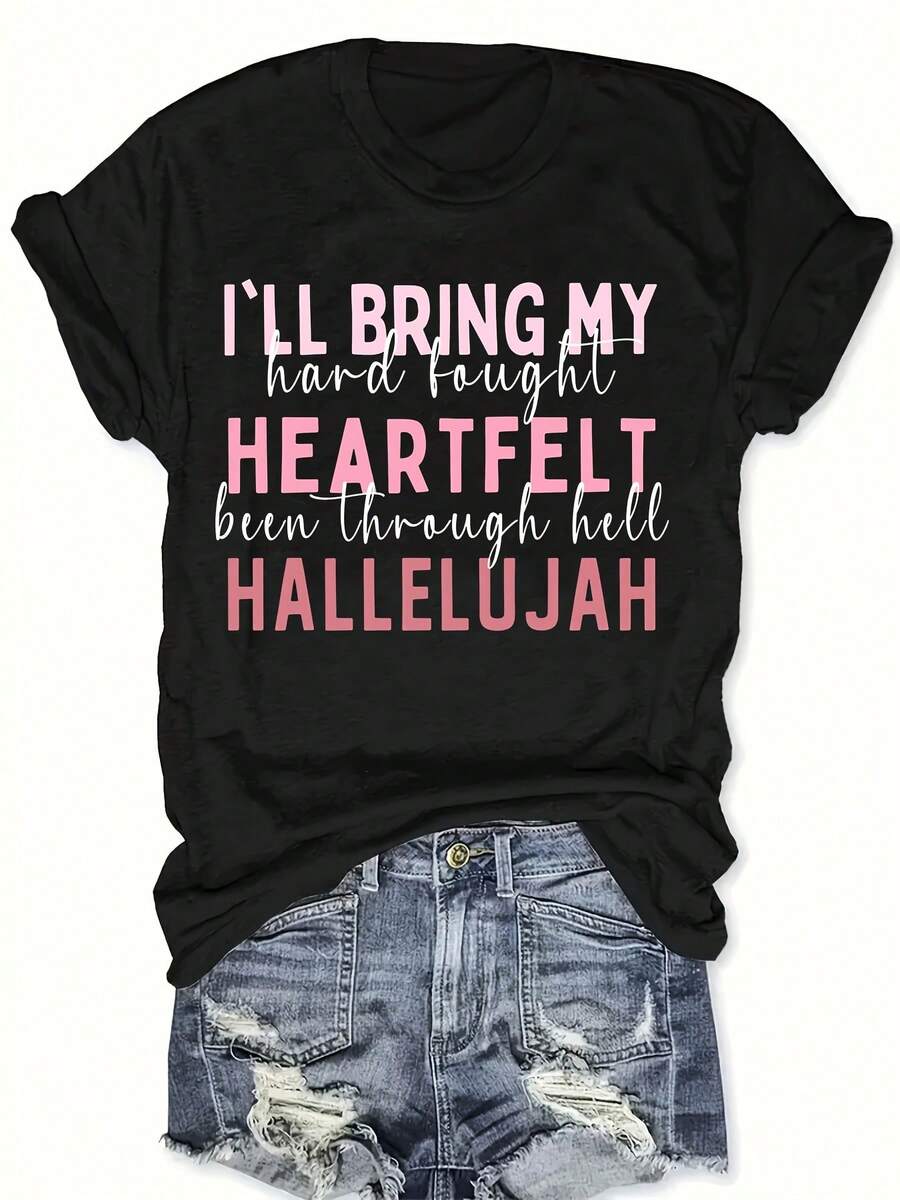 Plus Size - Plus Size - Plus Size ILL BRING MY Hard Bought HEARTFELT Been Through Hell HALLELUJAH Text Church Gatherings Daily Wear Round-Neck Pullover Comfortable And Soft Women'S T-Shirt - 黑色 - 查看 1