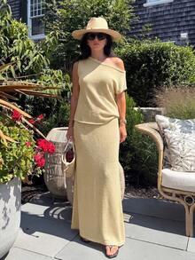 女款時尚休閒針織上衣與針織裙套裝 夏季 - 卡其色 - 查看 3