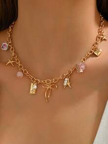 2pcs Women's Fashion Pendant Necklace & Bracelet Set, Charming Starfish, Bow, Heart Pendant Necklace, Versatile Jewelry Accessories, Gift For Friends - Gold - View 2