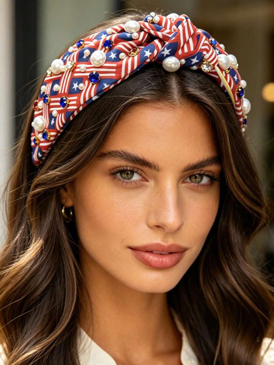 1pc New Beaded & Rhinestone Knotted Wide Headband, Holiday Party Headpiece, Versatile Hairband For Outdoor Wear - Multicolor - View 1
