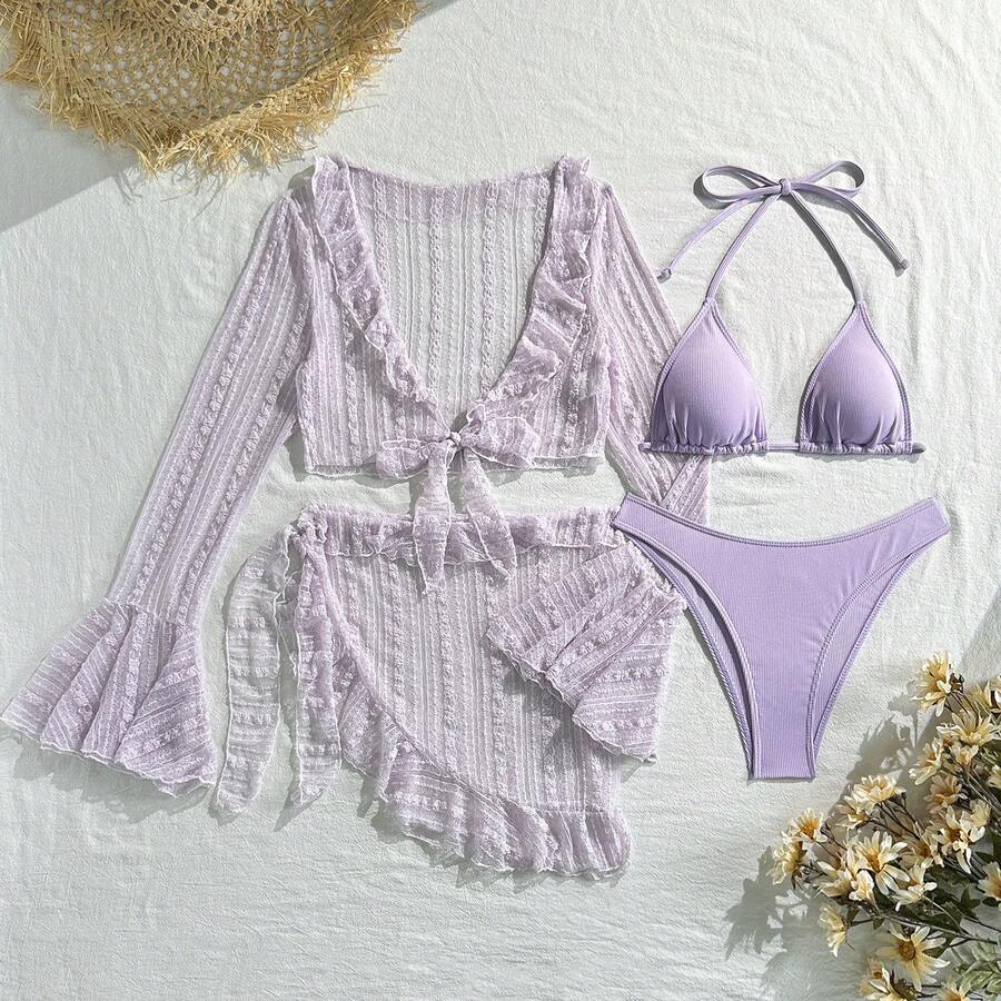 New Sexy Four-Piece Lace And Mesh Bikini. - Light Purple - View 1