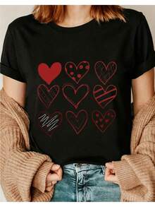 Camiseta de mujer, regalo para el Día de San Valentín, estampado de corazones, elegante y con estilo, diseño moderno en forma de Y, cuello redondo sencillo, cómoda y transpirable, 1i01, top de manga corta con cuello redondo, adecuada para todas las estaciones, blusas casuales y versátiles para dama. - Negro - Ver 12