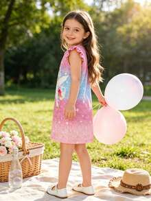 XUMPLO Young Girl' Casual Cute Rainbow Unicorn 3D Print Cap Sleeve Dress, Suitable For Daily Wear, Photo Shoot, Vacation, Party, Summer - Multicolor - View 4