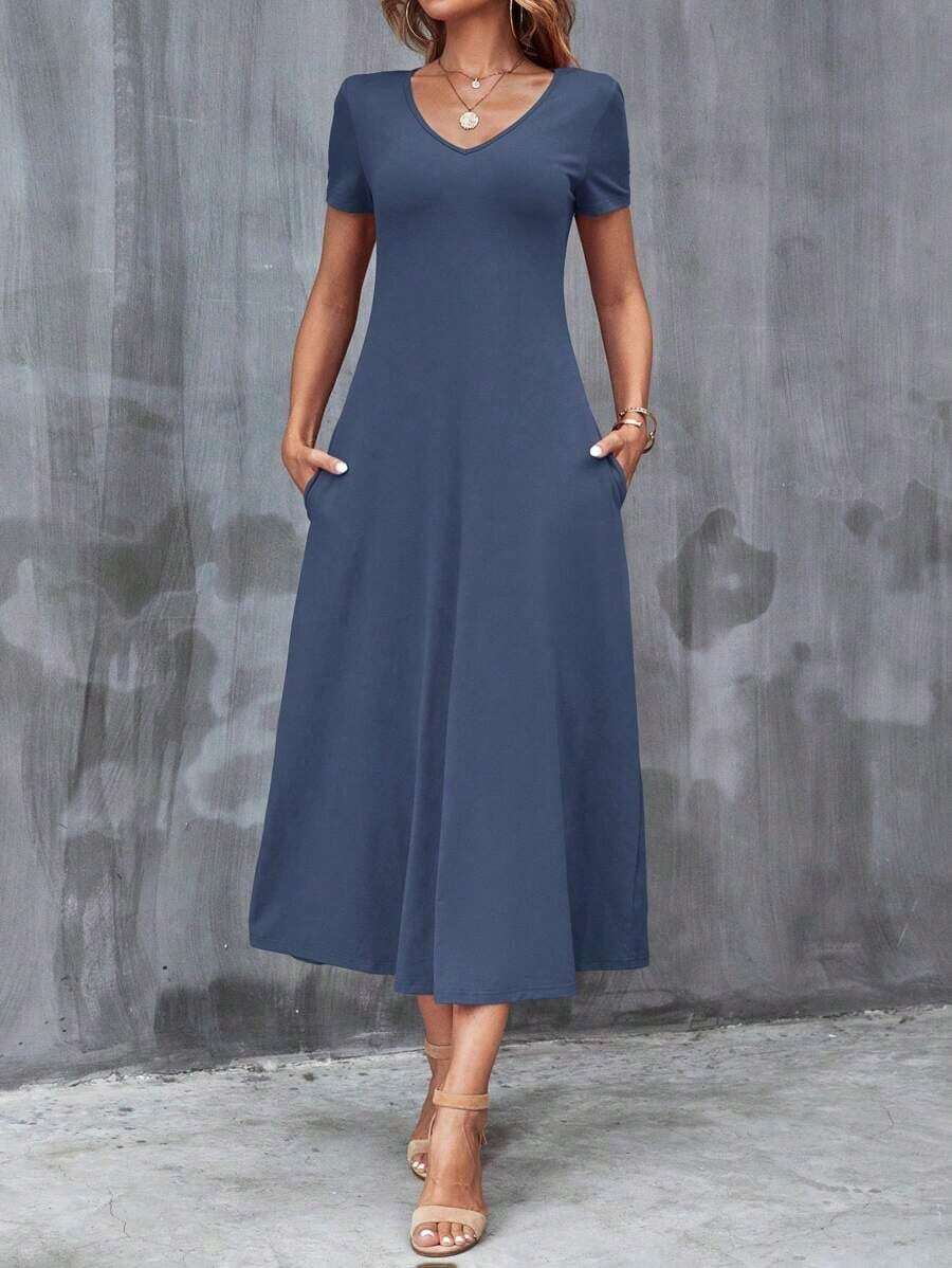Vestido unicolor con bolsillo oculto escote V - Niebla azul - Ver 1