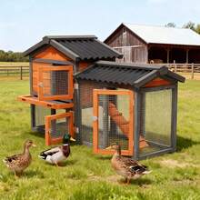 Chicken Coops,Wooden Outdoor Duck Coop, Outdoor 2-Tier Hen House  Poultry Quail Cage Rabbit Hutch Pet Hideout With Ramp,Waterproof Roof And Pull-Out Tray For Small Medium Animals-Expandable Design - 黃色 - 查看 1