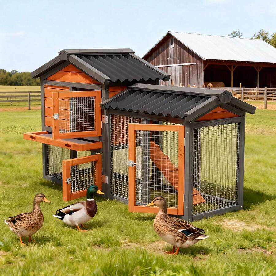 Chicken Coops,Wooden Outdoor Duck Coop, Outdoor 2-Tier Hen House Poultry Quail Cage Rabbit Hutch Pet Hideout With Ramp,Waterproof Roof And Pull-Out Tray For Small Medium Animals-Expandable Design - 黃色 - 查看 1