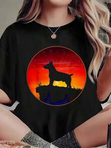 Teddy Roosevelt Terrier Sunset Dog Print T-Shirt, Casual Round Neck Short Sleeve T-Shirt For Summer. - 黑色 - 查看 6