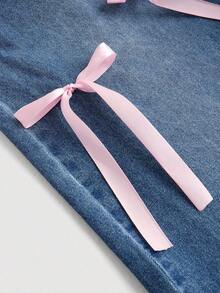 Jeans casuales sueltos y acampanados con decoración de lazo y bolsillos para mujeres - Lavado ligero - Ver 4