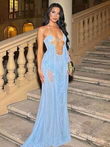 Vestido halter transparente de malla espalda descubierta estilo vacaciones playero - Azul - Ver 1