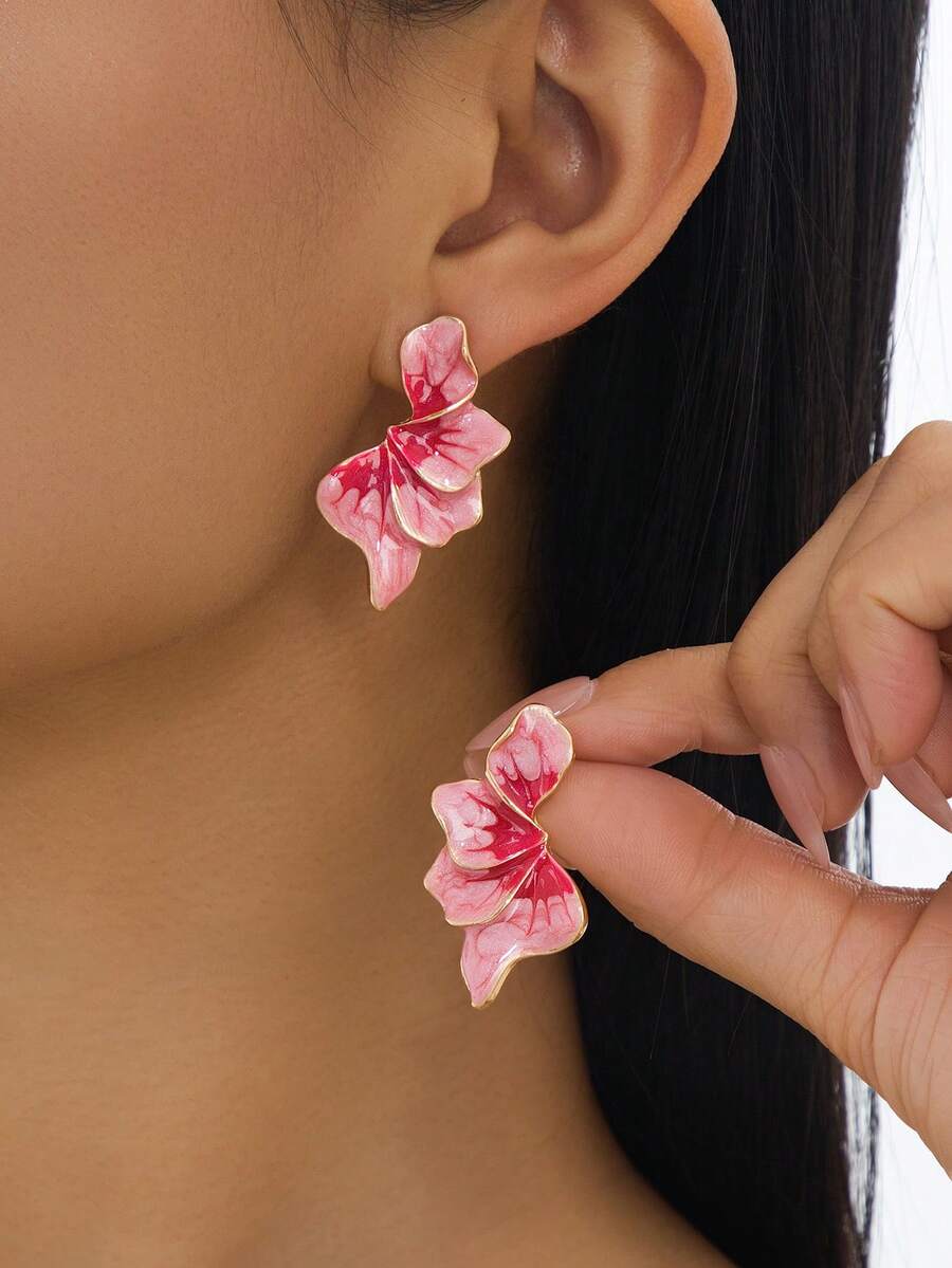 一对优雅渐变扎染粉色半花手工耳环,适合女性旅行、约会、日常佩戴。 - 粉色 - 查看 1