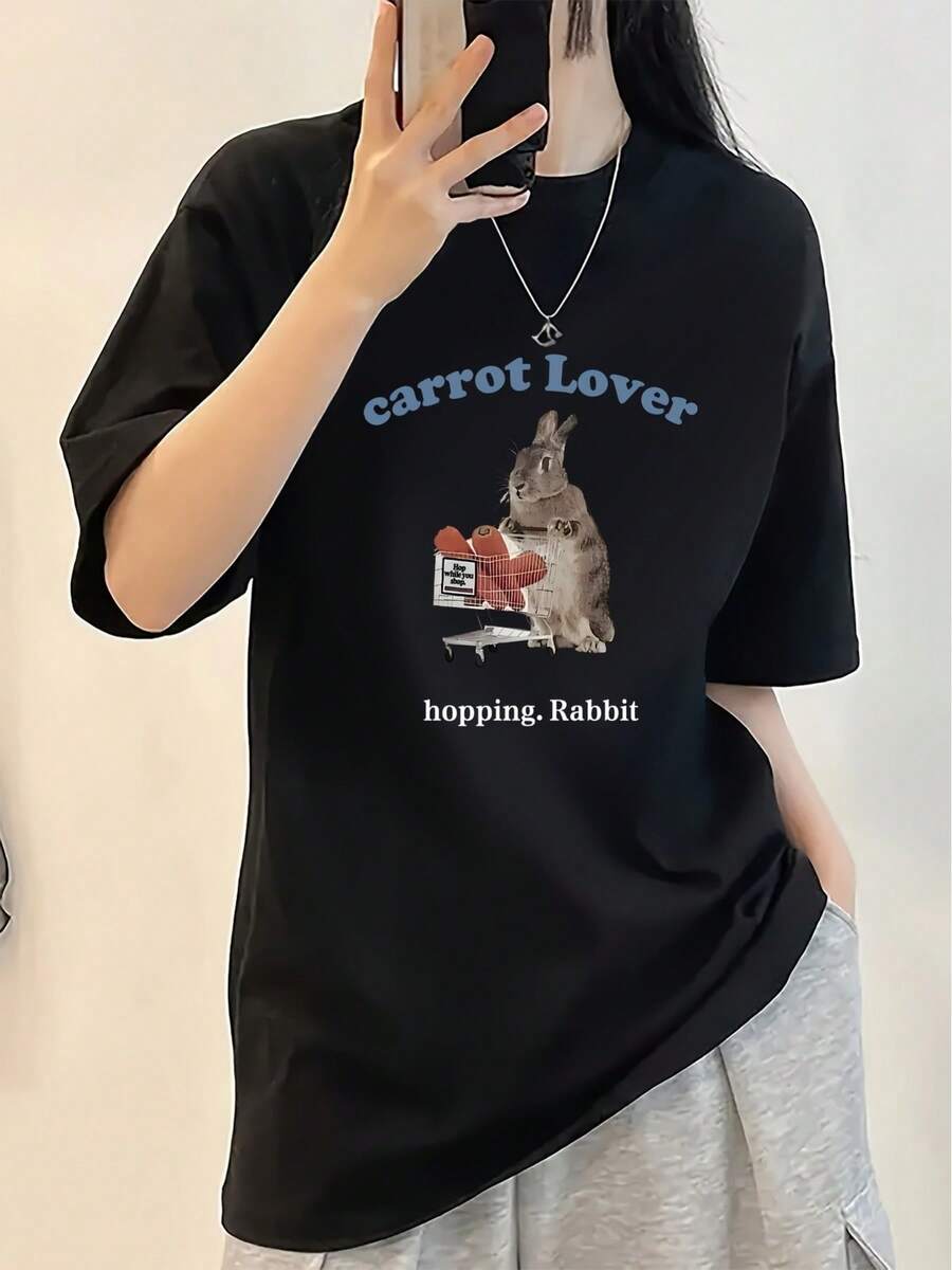 Short-Sleeved T-Shirt With A Rabbit Print And Blue Lettering, Y2K Style. New Summer Fashion For Women, Versatile, Loose-Fitting, Round Neck, Y2K Top. Suitable For All Occasions. PTTI - 黑色 - 查看 1