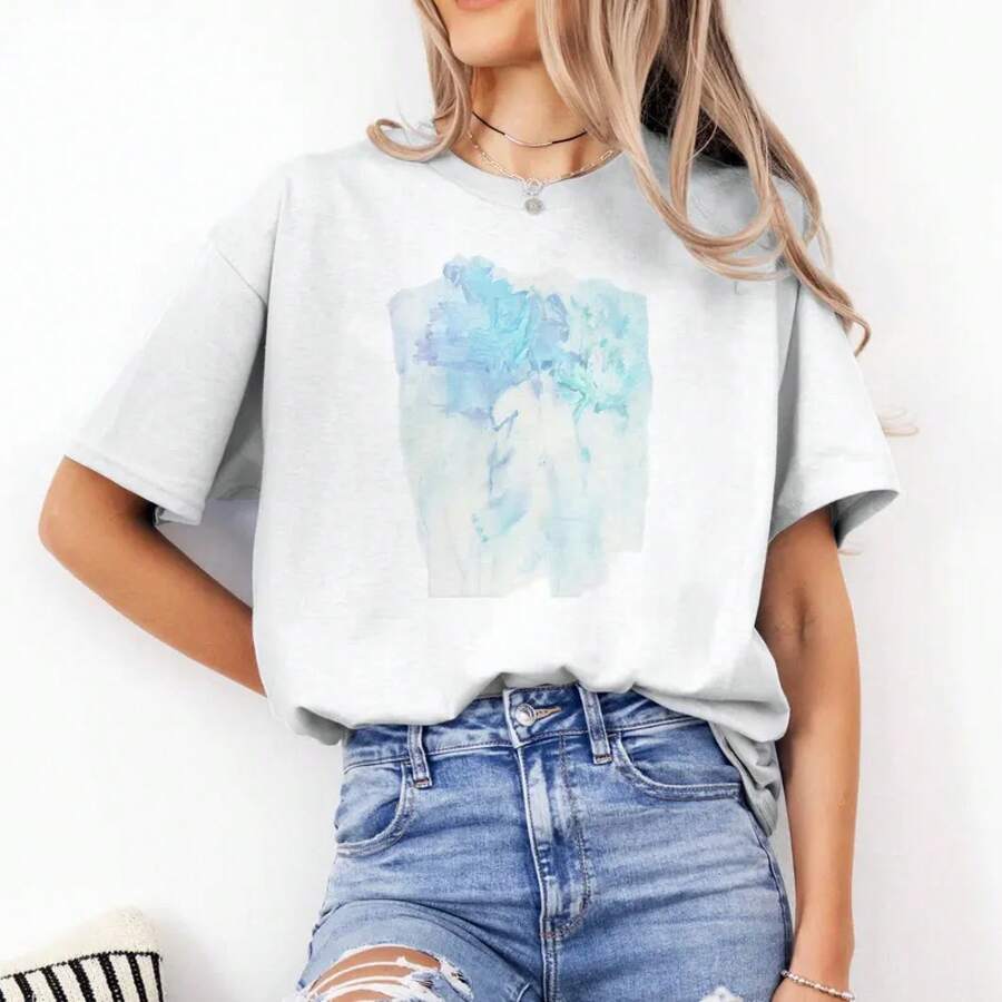 Abstract Watercolor Art T-Shirt: Minimalist Aqua Blue Design - High Quality - 白色 - 查看 1