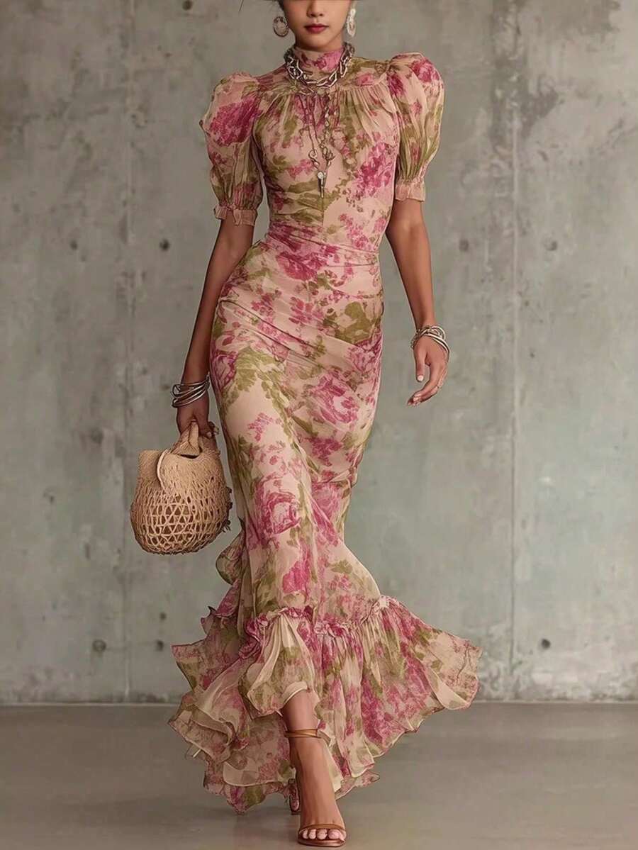 Vestido De Mujer 2026 Mangas De Puff Francés Nuevo Estilo Estampestampvestido Largo Vestido Plipliado De Moda - Rosa coral - Ver 1