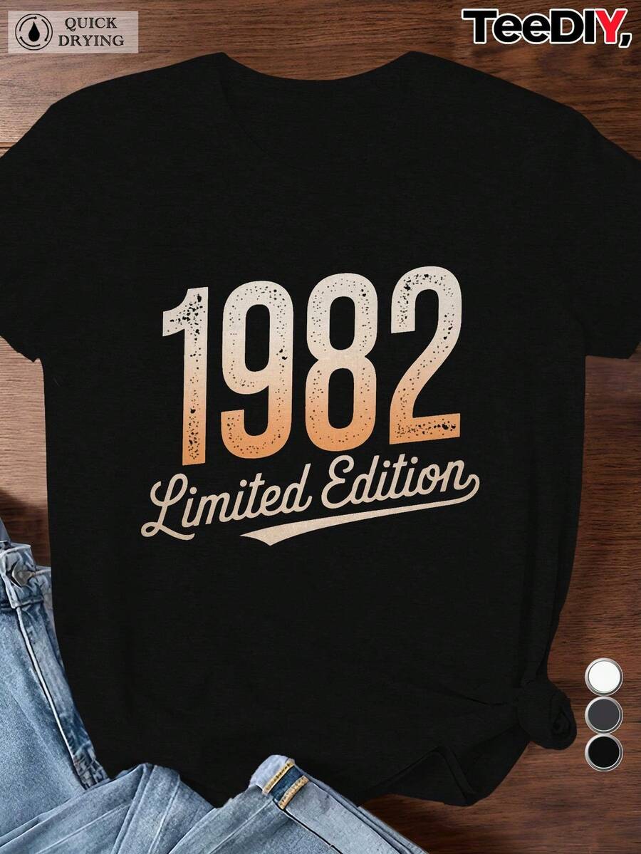 Women's Limited Edition 1982 Vintage T-Shirt - Retro 80s Inspired, Loose Fit Crew Neck And Distressed 1982 Print, Machine Washable, All Year Comfortable For 80s Theme Parties And Casual Wear! Women's T-Shirts, Plus Sizes, Size T-Shirts, Women's Size T-Shirts. - 黑色 - 查看 1