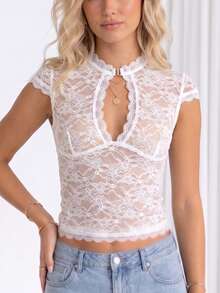 Chaqueta de cuello V con llavero para mujeres camisetas de encaje delgadas de moda de manga corta en verano - Blanco - Ver 6