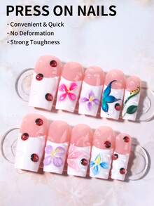 24pcs Long Coffin Shaped 3D Gel Nail Stickers, Includes Hibiscus Flower & Ladybug Patterns, Suitable For Short Nails, Comes With Double-Sided Tape 1pc & Nail File 1pc - Multicolor - View 4