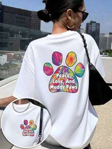 Rainbow Color Gradient Paw Print Pattern, Fun Double-Sided Print, 100% Pure Cotton, Women's Short-Sleeved T-Shirt, Loose And Casual, Soft And Comfortable, Hong Kong And Korean Fashion Style, Suitable For Daily Wear, Couple Sets, Unisex, Ideal For Travel. - 白色 - 查看 1