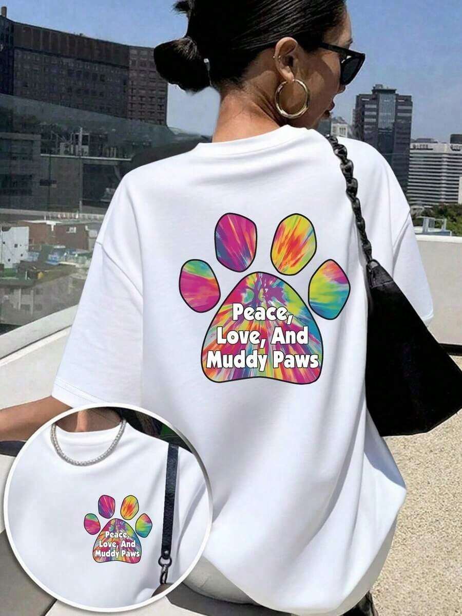 Rainbow Color Gradient Paw Print Pattern, Fun Double-Sided Print, 100% Pure Cotton, Women's Short-Sleeved T-Shirt, Loose And Casual, Soft And Comfortable, Hong Kong And Korean Fashion Style, Suitable For Daily Wear, Couple Sets, Unisex, Ideal For Travel. - 白色 - 查看 1