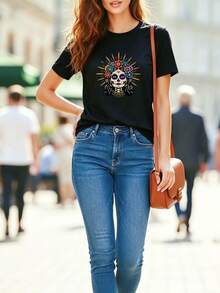 Women's T-Shirt, Short-Sleeved Summer Top, Black T-Shirt For Women, Colorful Artistic Design Of Mexican Skulls, Bohemian Gothic Style With Day Of The Dead Theme, Traditional Clothing For Celebrations And Festivals, Vibrant Casual Wear For Women. - 黑色 - 查看 4
