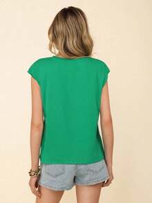 Camiseta de cuello redondo sólida, casual para el verano - Verde - Ver 3