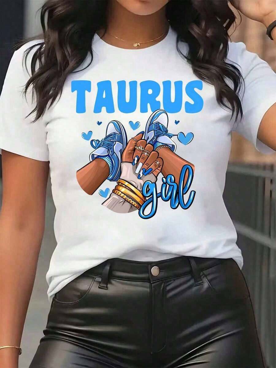 New Arrivals For Summer. Women's T-Shirt With A Taurus Girl Print Featuring Blue Sneakers And Hearts, Round Neck, Casual Everyday Wear, Soft And Comfortable, Zodiac Theme, Perfect Birthday Gift For Her. Blouse, Shirt > Beautiful. - 白色 - 查看 1