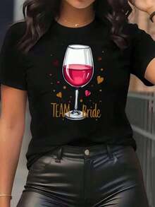 New Arrivals For Summer. Women's T-Shirt With Wine Glass Print And "", Round Neck, Casual Style For Everyday Wear, Soft And Comfortable, Festive Style. Blouse, Shirt > Beautiful. - 黑色 - 查看 1