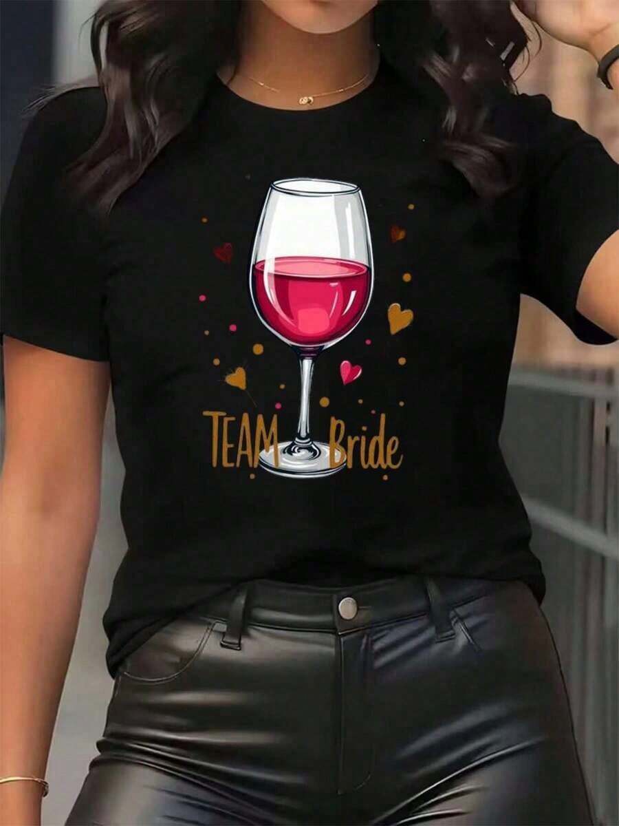 New Arrivals For Summer. Women's T-Shirt With Wine Glass Print And "", Round Neck, Casual Style For Everyday Wear, Soft And Comfortable, Festive Style. Blouse, Shirt > Beautiful. - 黑色 - 查看 1
