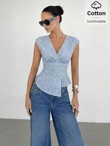 Top sin mangas casual y asimétrico con rayas en la cintura, para el verano - Azul y blanco - Ver 5