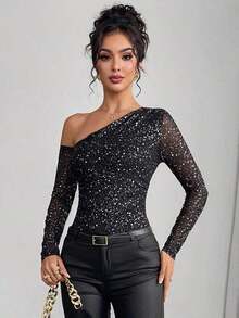 Body de manga larga con hombros transparentes y estampado de leopardo para mujer - Negro 2 - Ver 6